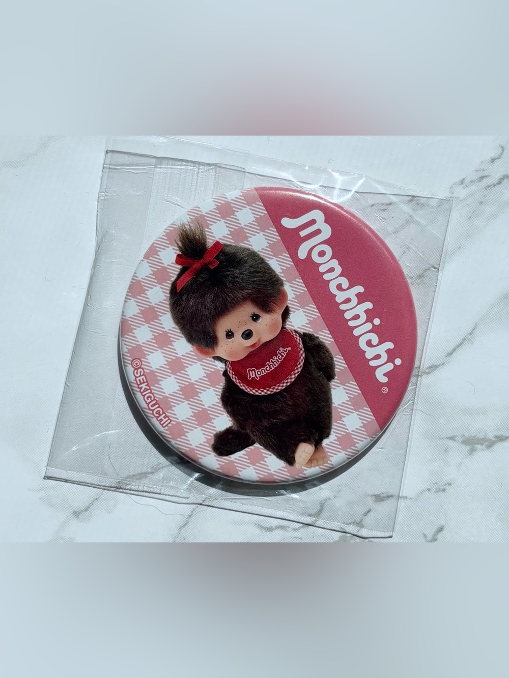 Sekiguchi Monchhichi Pink Gingham Button pin NEW kawaii